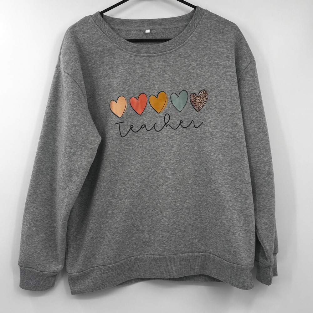 Teacher Hearts Graphic Sweatshirt Heather Gray Fleece Pullover XL, Classroom